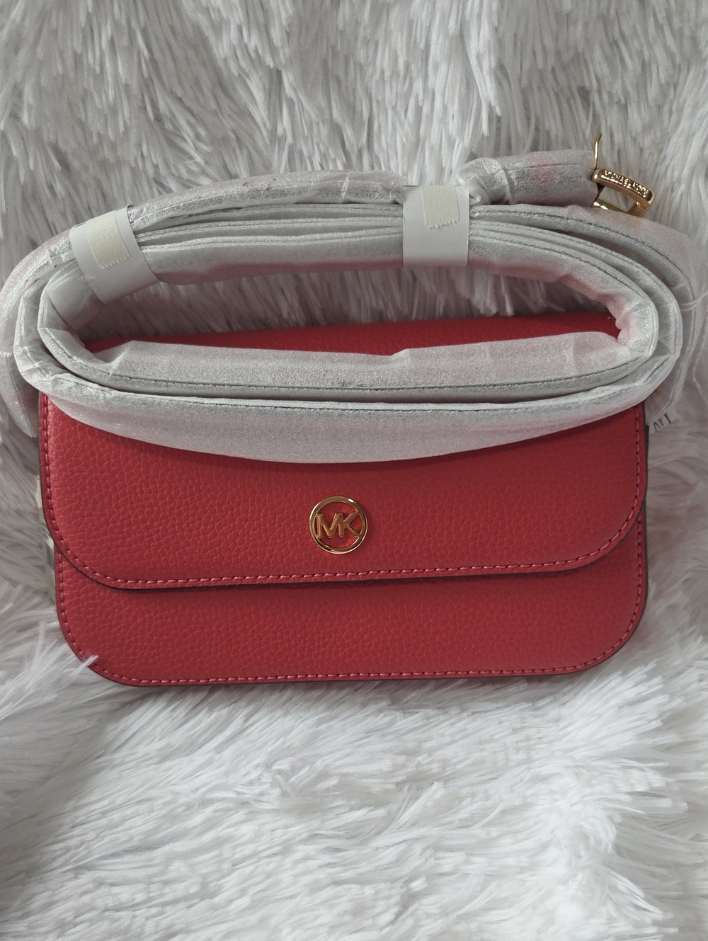 NWT Michael Kors Coral-Red Pebbled Leather Crossbody